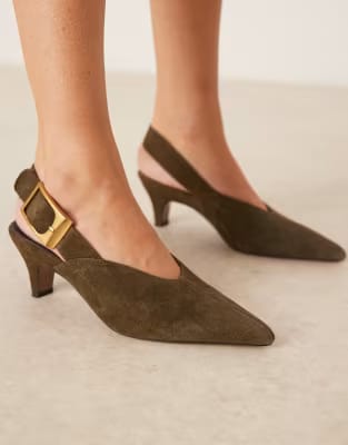 ASOS DESIGN Shiloh large buckle detail slingback kitten heel shoes in olive suede