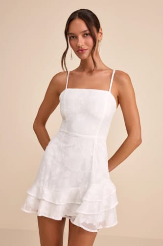 White Floral Burnout Dress - Ruffled Mini Dress - Tiered Dress - Lulus