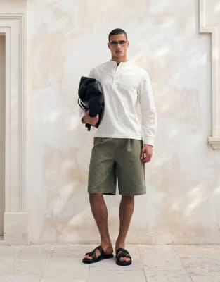 ASOS DESIGN regular fit overhead shirt with henley collar in off white